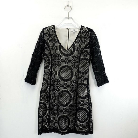 JACK x BB DAKOTA Dress Black Sheath Mini 2‎ XS Sunflower Lace 3/4 Sleeve Stretch - Picture 1 of 13